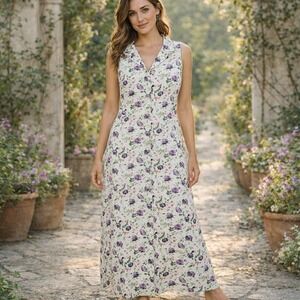 Vtg 1990s Original Island Sport White Purpl Floral Print Button Up Maxi Dress 10